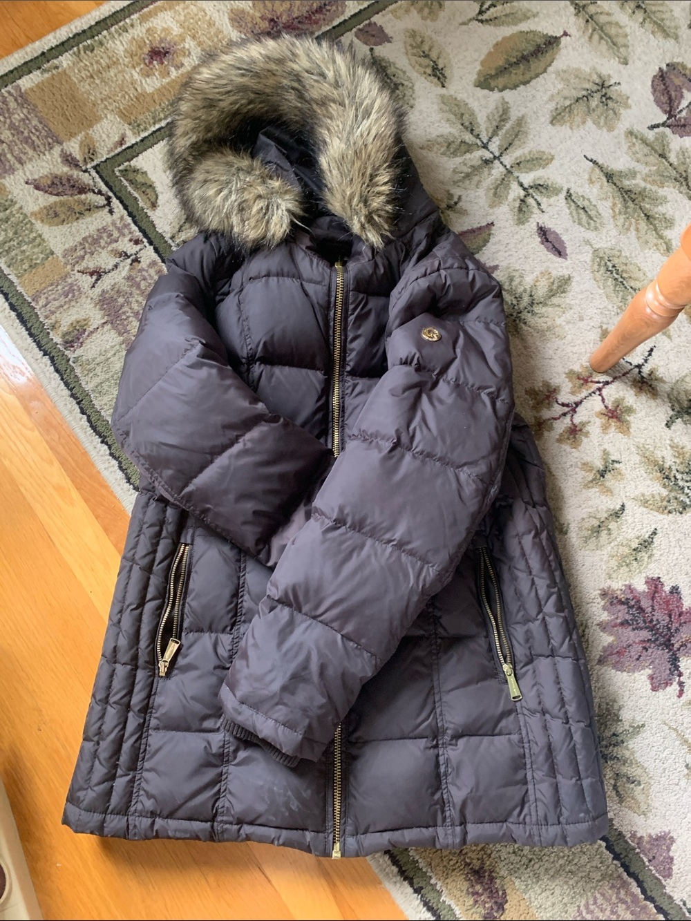 Michael Kors Black Quilted Puffer Coat with Faux Fur Trimmed Hood